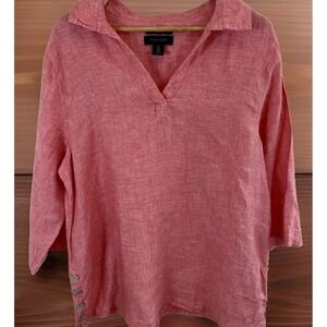 Tahari Womens Linen Tunic Side Button 3/4 Sleeve Popover Shirt Plus Size 1X